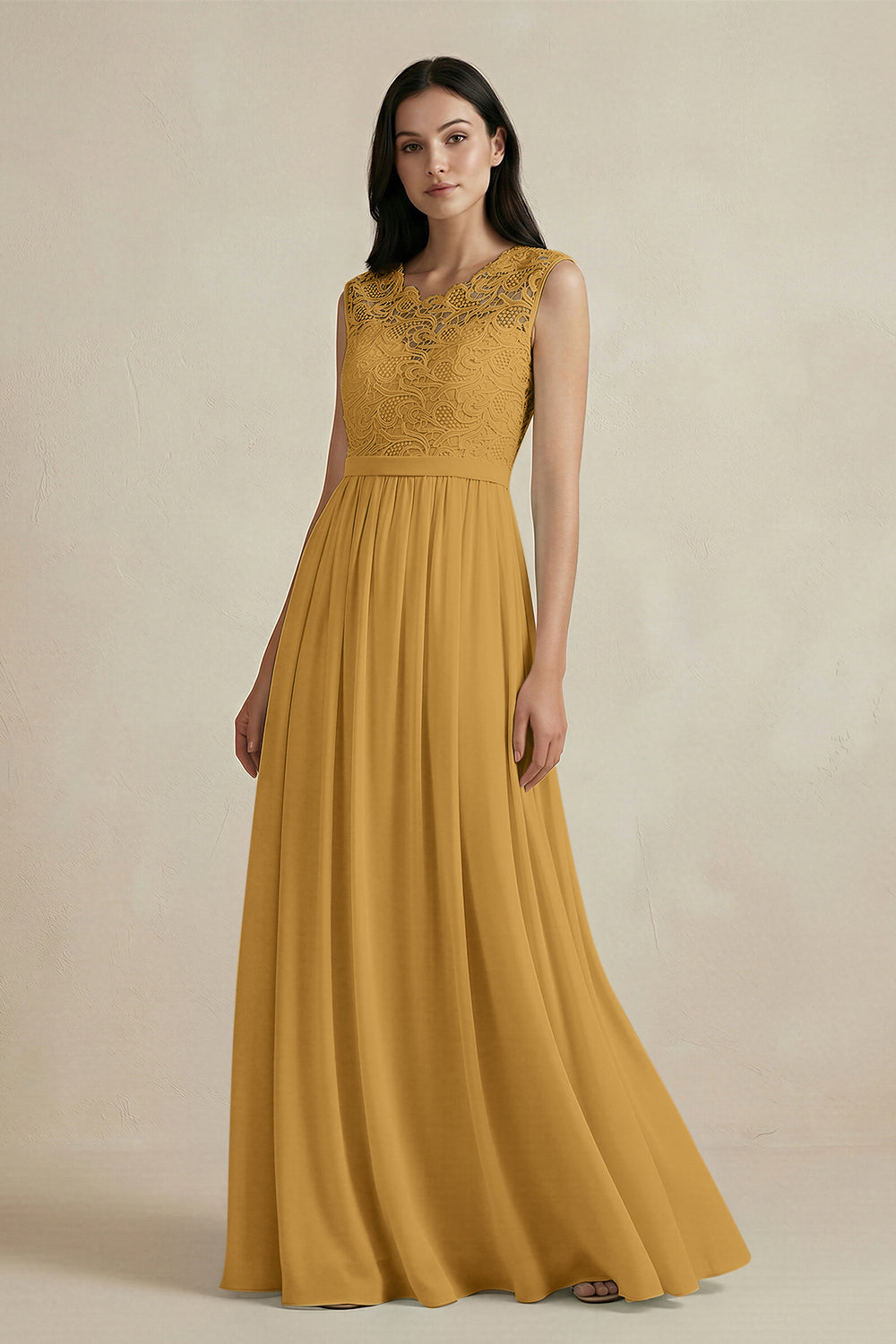 Lace Chiffon A-Line Round Neck Bridesmaid Dress in Marigold