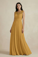 Marigold Lace Chiffon A-Line Round Neck Bridesmaid Dress | KISSBRIDAL