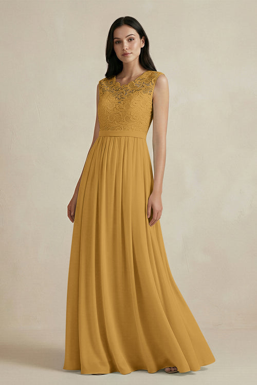 Marigold Lace Chiffon A-Line Round Neck Bridesmaid Dress | KISSBRIDAL
