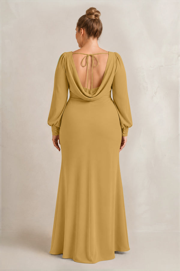 Marigold Long Sleeve V-Neck Sheath Chiffon Bridesmaid Dress (2) [sizeplus] | KISSBRIDAL