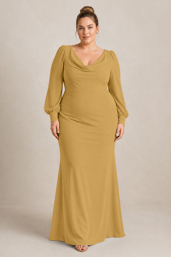 Marigold Long Sleeve V-Neck Sheath Chiffon Bridesmaid Dress [sizeplus] | KISSBRIDAL