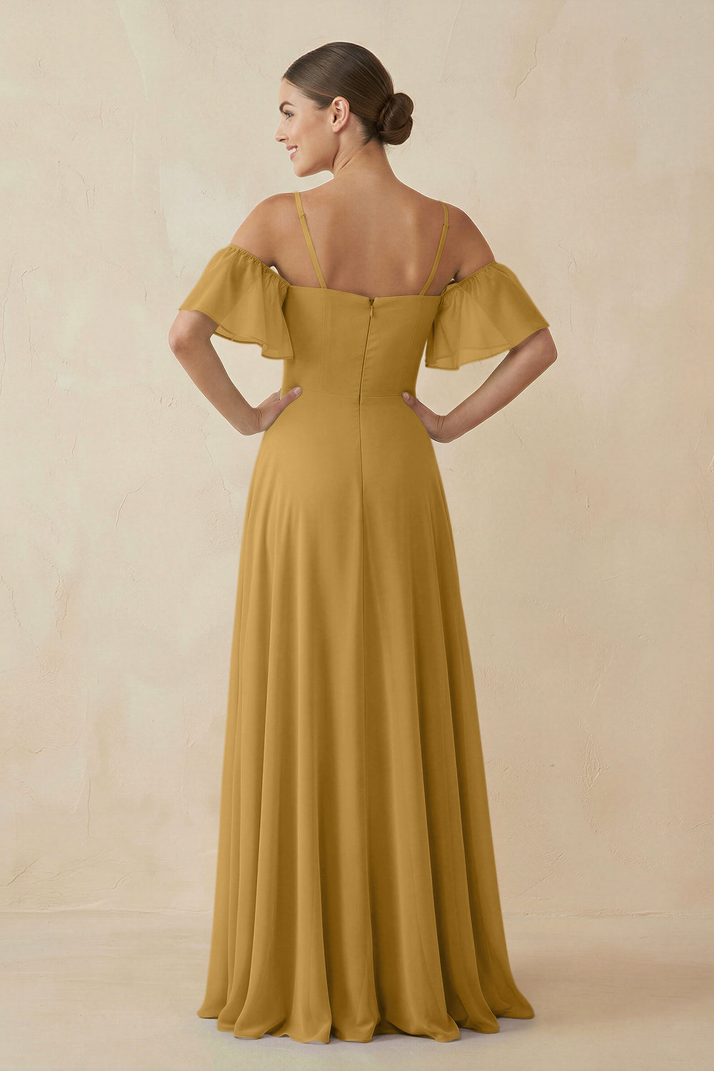 Off-the-Shoulder A-Line Chiffon Bridesmaid Dress in Marigold