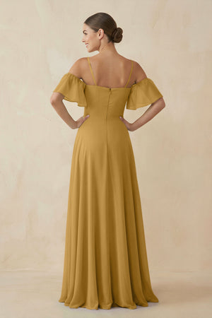 Marigold Off-the-Shoulder A-Line Chiffon Bridesmaid Dress (2) | KISSBRIDAL