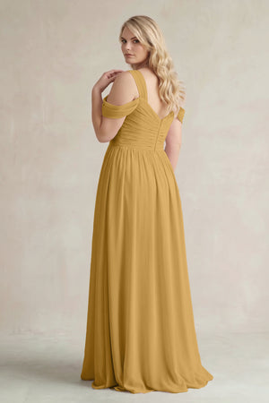 Marigold Off-the-Shoulder A-Line Chiffon Bridesmaid Dress With Slit (2) | KISSBRIDAL
