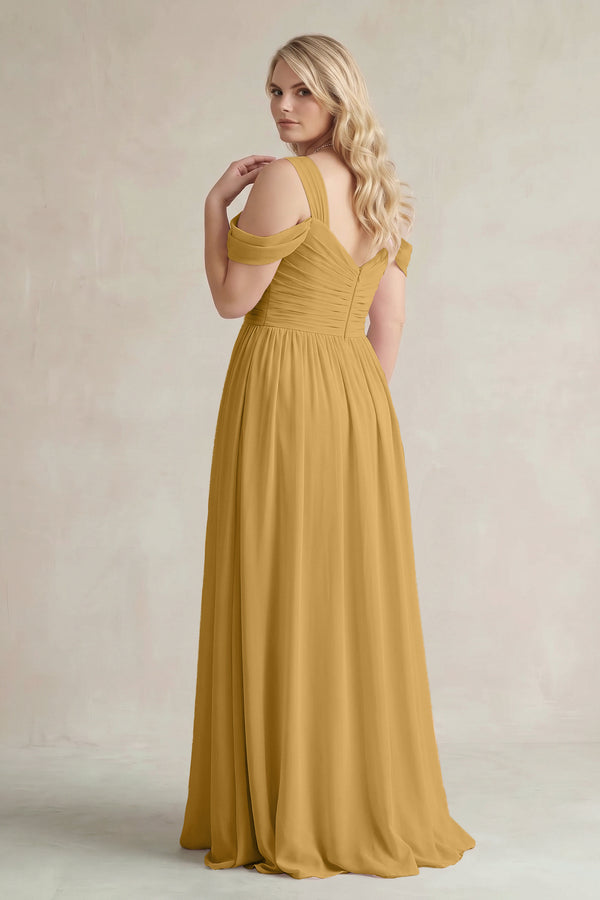 Marigold Off-the-Shoulder A-Line Chiffon Bridesmaid Dress With Slit (2) | KISSBRIDAL