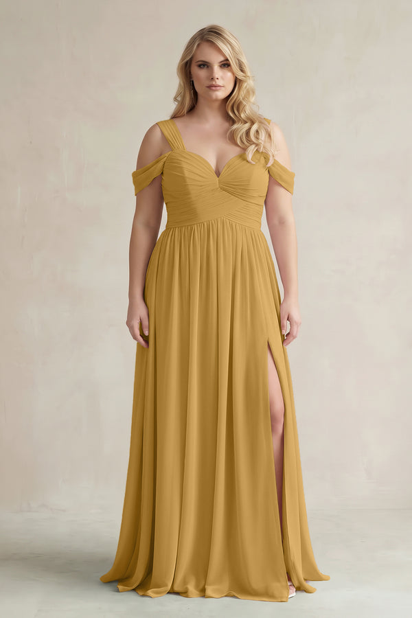 Marigold Off-the-Shoulder A-Line Chiffon Bridesmaid Dress With Slit | KISSBRIDAL