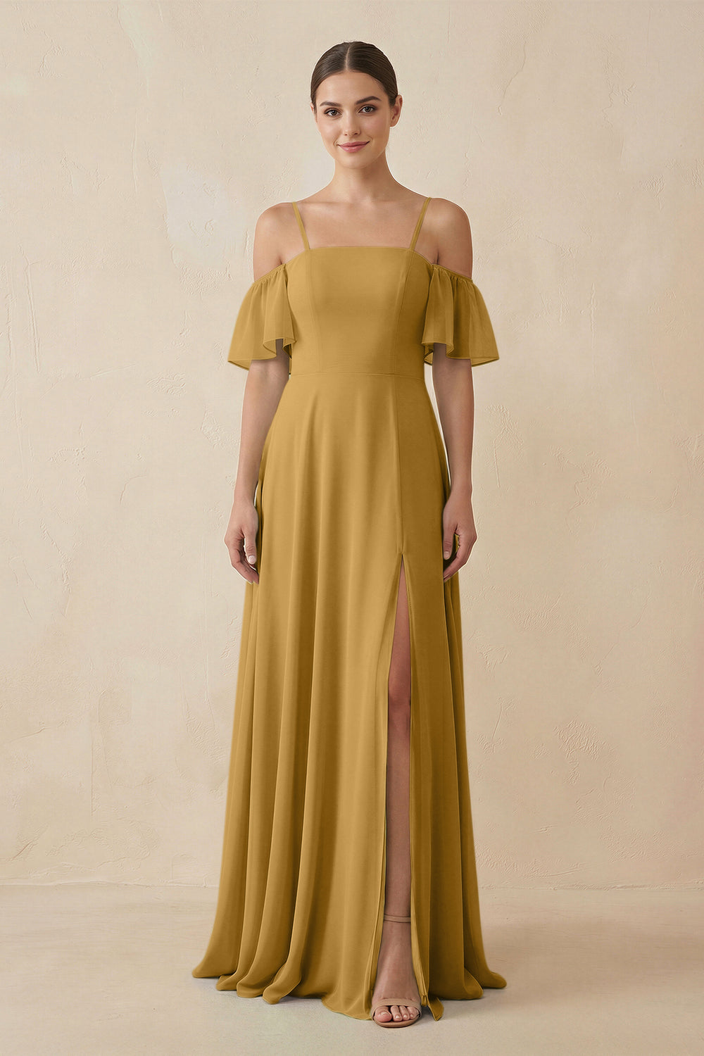 Off-the-Shoulder A-Line Chiffon Bridesmaid Dress in Marigold