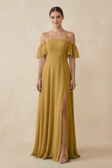 Marigold Off-the-Shoulder A-Line Chiffon Bridesmaid Dress | KISSBRIDAL