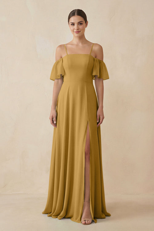 Marigold Off-the-Shoulder A-Line Chiffon Bridesmaid Dress | KISSBRIDAL