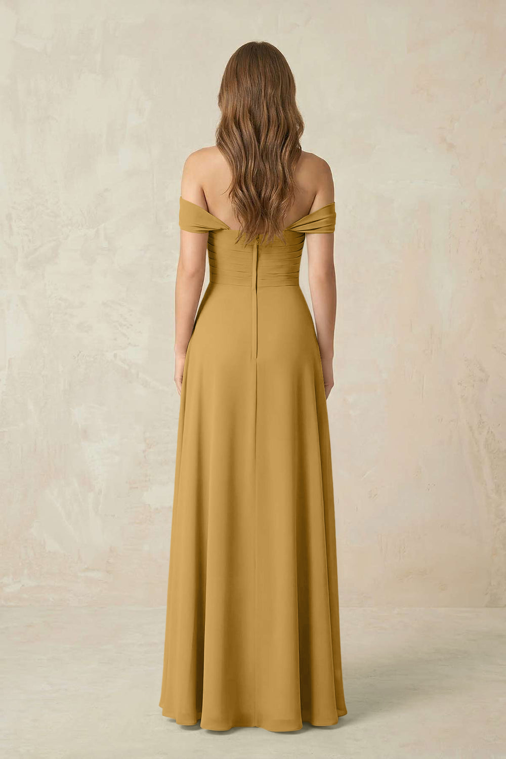Off-the-Shoulder A-Line Chiffon Pleated Bridesmaid Dress in Marigold
