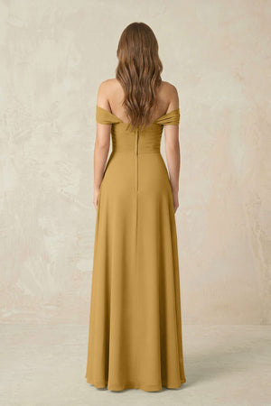 Marigold Off-the-Shoulder A-Line Chiffon Pleated Bridesmaid Dress (2) | KISSBRIDAL