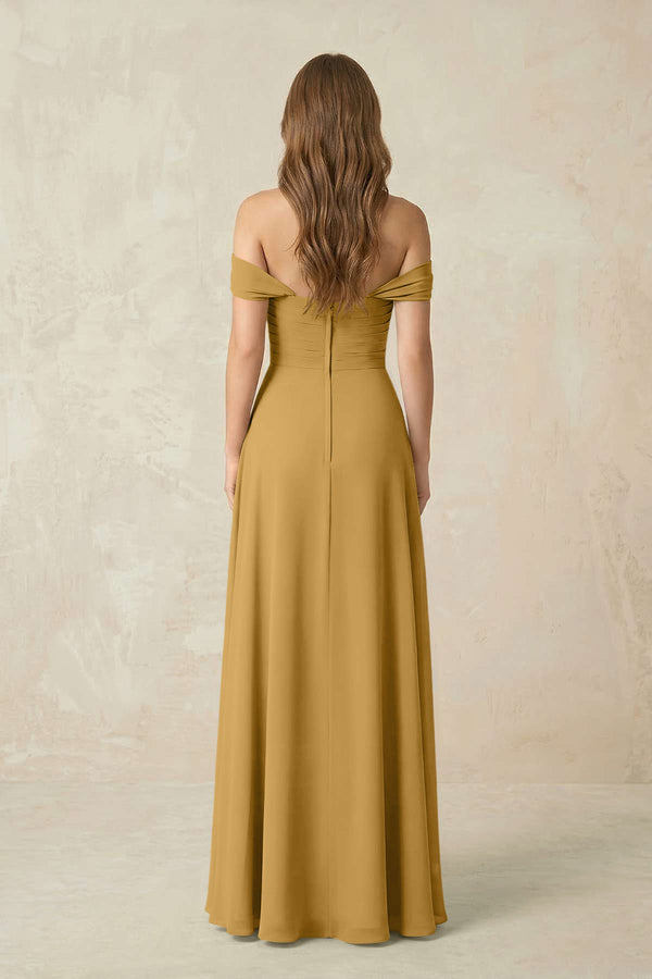 Marigold Off-the-Shoulder A-Line Chiffon Pleated Bridesmaid Dress (2) | KISSBRIDAL