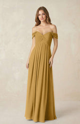 Marigold Off-the-Shoulder A-Line Chiffon Pleated Bridesmaid Dress | KISSBRIDAL