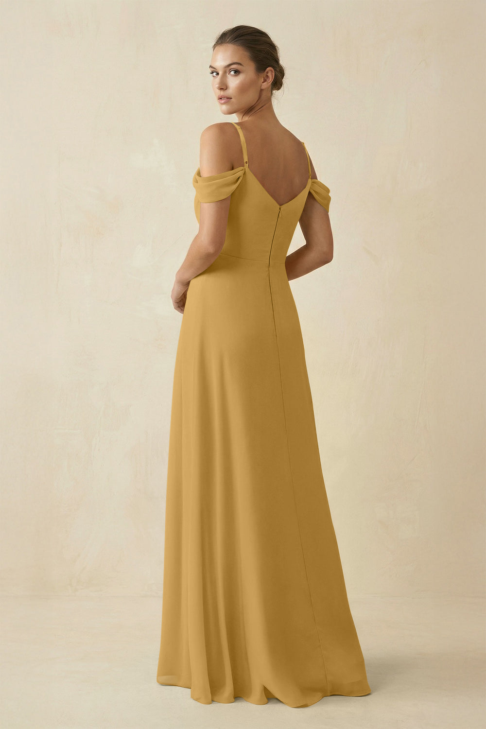 Off-the-Shoulder A-Line Pleated Chiffon Bridesmaid Gown in Marigold