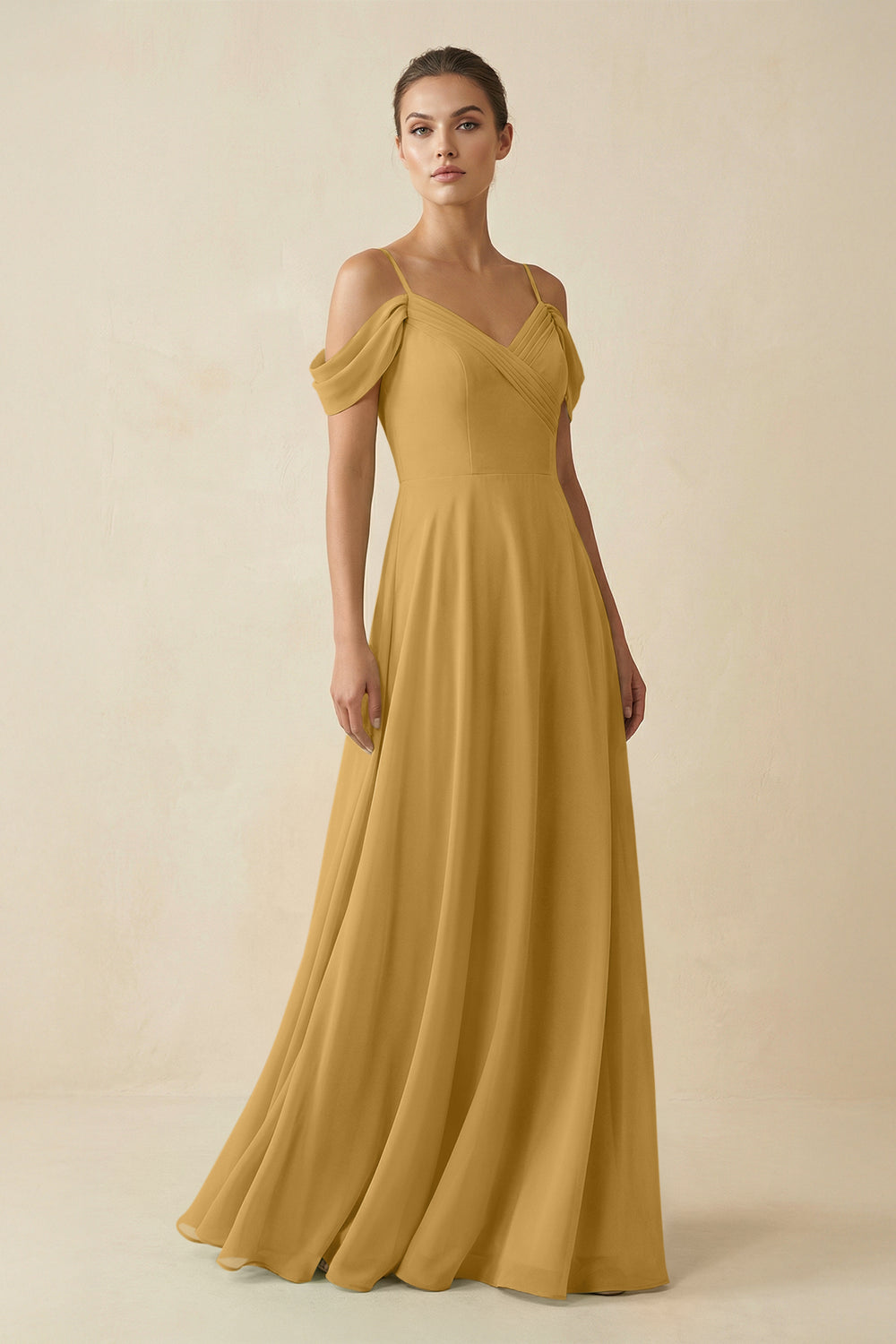 Off-the-Shoulder A-Line Pleated Chiffon Bridesmaid Gown in Marigold