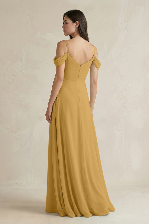 Marigold Off-the-Shoulder Chiffon A-Line Bridesmaid Dress (2) | KISSBRIDAL