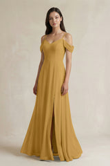 Marigold Off-the-Shoulder Chiffon A-Line Bridesmaid Dress | KISSBRIDAL