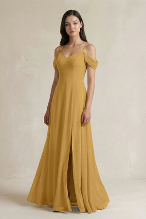 Marigold Off-the-Shoulder Chiffon A-Line Bridesmaid Dress | KISSBRIDAL