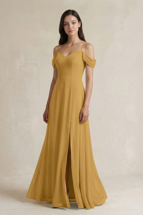 Marigold Off-the-Shoulder Chiffon A-Line Bridesmaid Dress | KISSBRIDAL