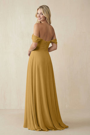 Marigold Off-the-Shoulder Chiffon A-Line Long Bridesmaid Dress (2) | KISSBRIDAL