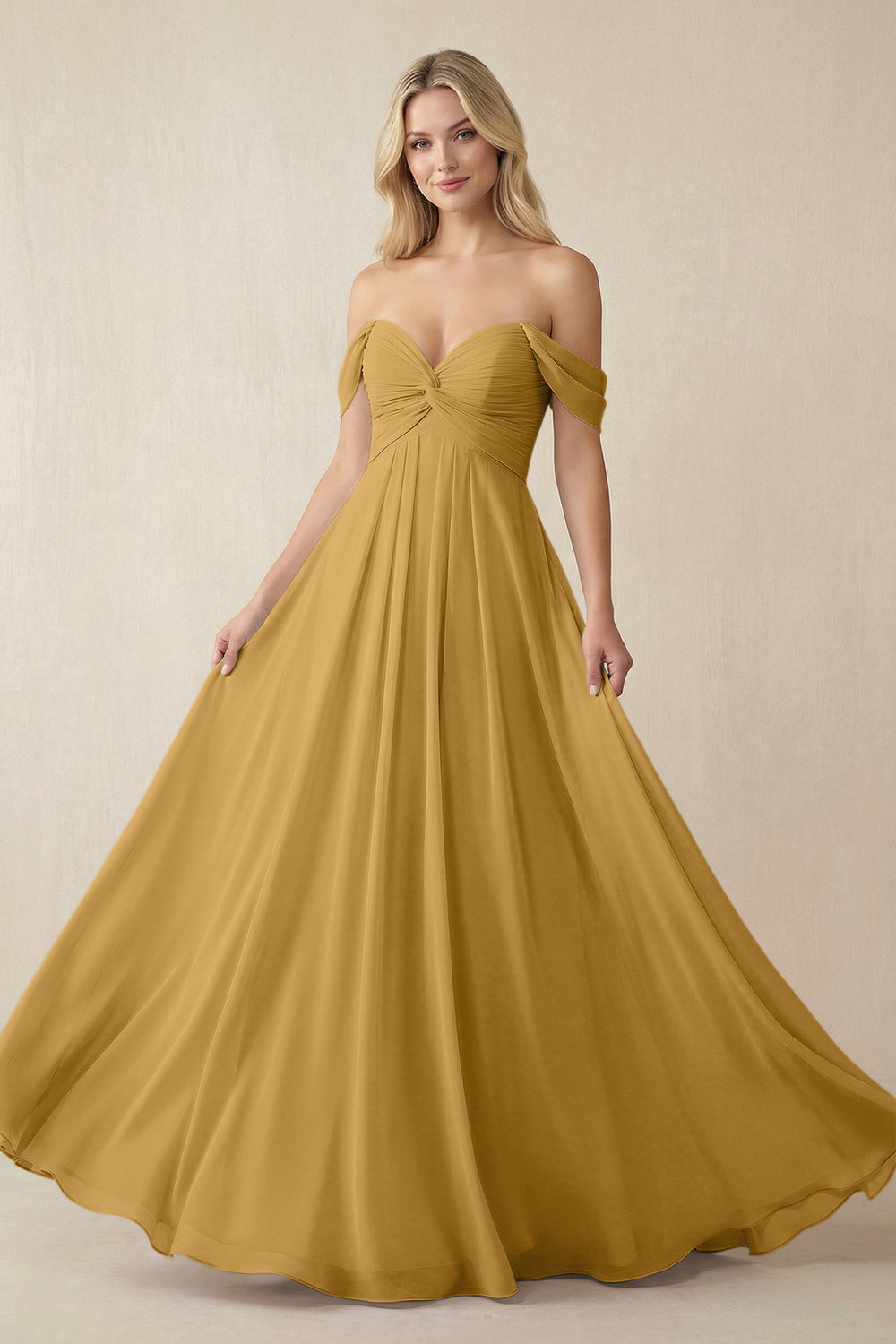 Off-the-Shoulder Chiffon A-Line Long Bridesmaid Dress in Marigold