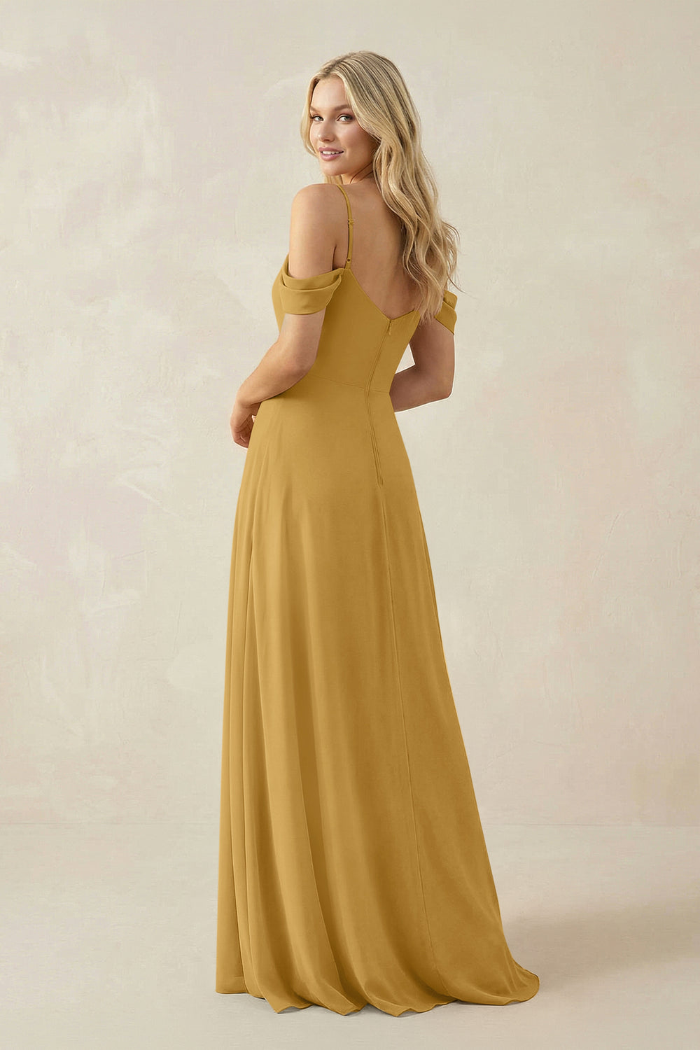 Off-the-Shoulder Chiffon A-Line Maxi Bridesmaid Dress in Marigold