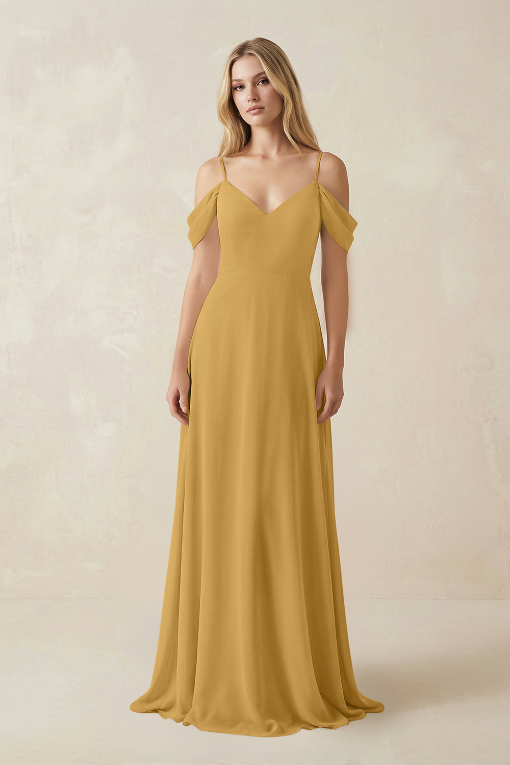 Off-the-Shoulder Chiffon A-Line Maxi Bridesmaid Dress in Marigold