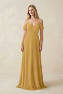 Marigold Off-the-Shoulder Chiffon A-Line Maxi Bridesmaid Dress | KISSBRIDAL