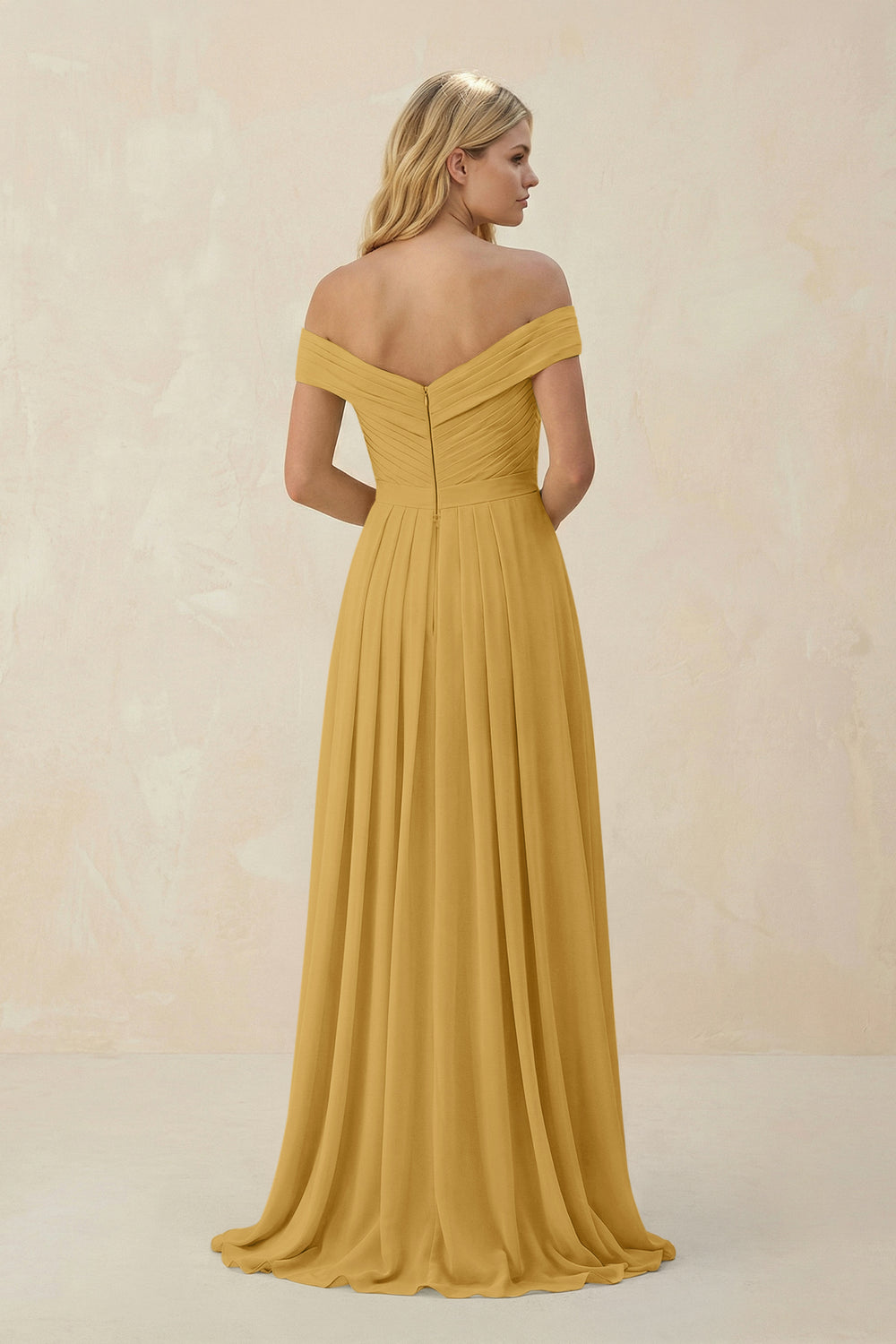 Off-the-Shoulder Pleated A-Line Chiffon Bridesmaid Dress in Marigold