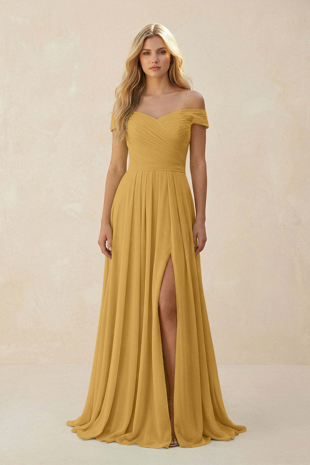 Off-the-Shoulder Pleated A-Line Chiffon Bridesmaid Dress in Marigold