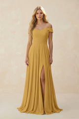 Marigold Off-the-Shoulder Pleated A-Line Chiffon Bridesmaid Dress | KISSBRIDAL