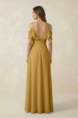 Marigold Off-the-Shoulder Ruffled A-Line Chiffon Bridesmaid Dress (2) | KISSBRIDAL