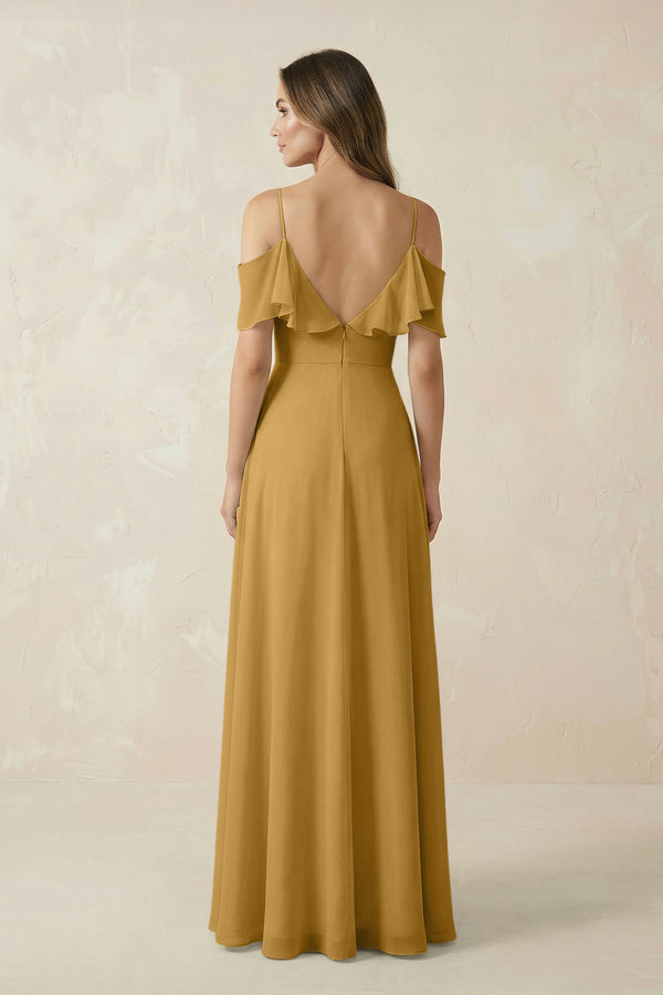 Marigold Off-the-Shoulder Ruffled A-Line Chiffon Bridesmaid Dress (2) | KISSBRIDAL