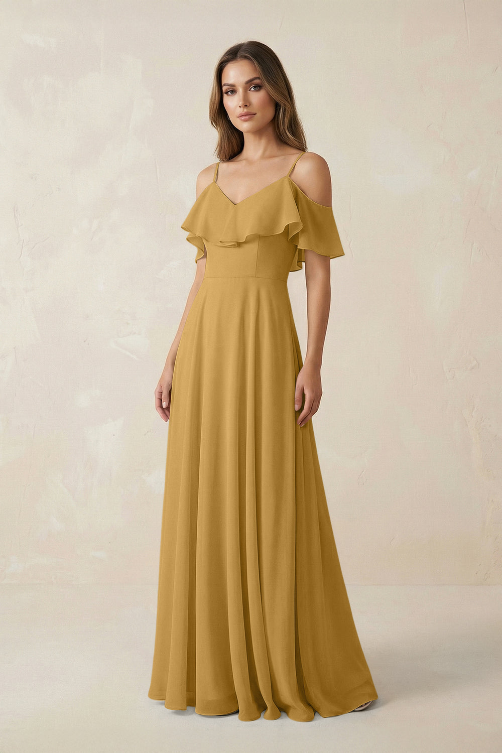 Off-the-Shoulder Ruffled A-Line Chiffon Bridesmaid Dress in Marigold