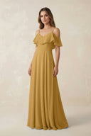 Marigold Off-the-Shoulder Ruffled A-Line Chiffon Bridesmaid Dress | KISSBRIDAL