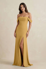 Marigold Off-the-Shoulder Sheath Bridesmaid Dress with Slit | KISSBRIDAL