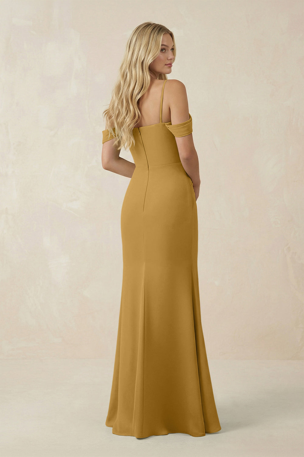Off-the-Shoulder Sheath Chiffon Ruched Bridesmaid Dress in Marigold