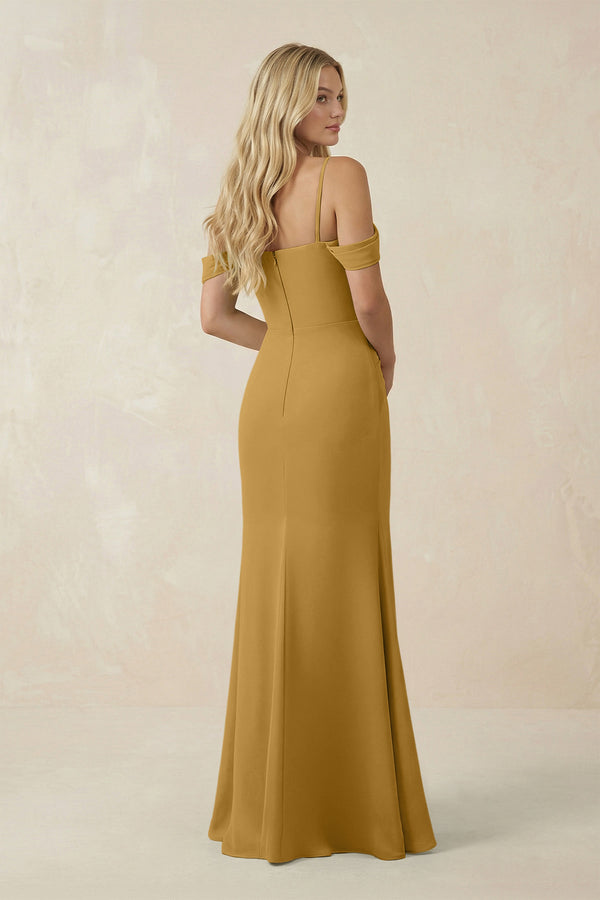 Marigold Off-the-Shoulder Sheath Chiffon Ruched Bridesmaid Dress (2) | KISSBRIDAL