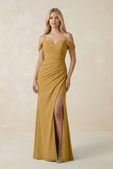 Marigold Off-the-Shoulder Sheath Chiffon Ruched Bridesmaid Dress | KISSBRIDAL