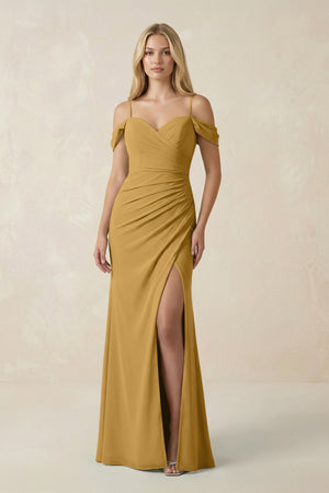 Marigold Off-the-Shoulder Sheath Chiffon Ruched Bridesmaid Dress | KISSBRIDAL