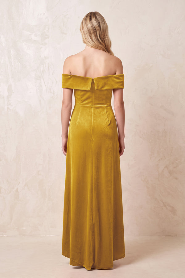 Off - the - Shoulder Sheath Velvet Midi Bridesmaid Dress in Marigold - KISS BRIDAL Bridesmaid Dresses