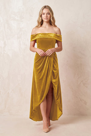 Off - the - Shoulder Sheath Velvet Midi Bridesmaid Dress in Marigold - KISS BRIDAL Bridesmaid Dresses