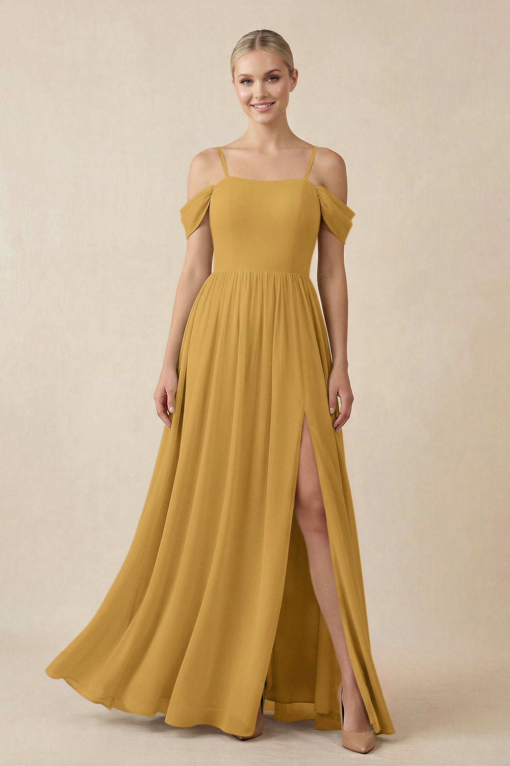 Off-the-Shoulder Sweetheart A-Line Chiffon Bridesmaid Dress in Marigold