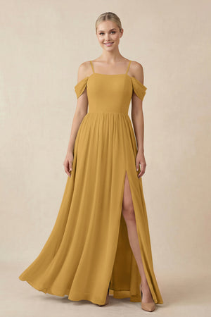 Marigold Off-the-Shoulder Sweetheart A-Line Chiffon Bridesmaid Dress | KISSBRIDAL