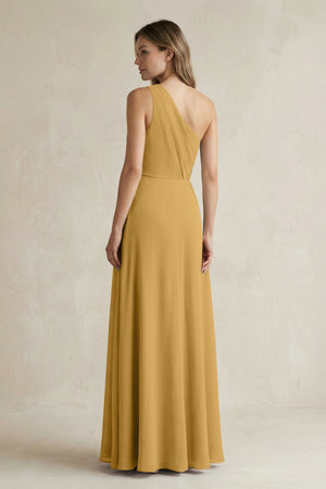 Marigold One-Shoulder Chiffon A-Line Bridesmaid Dress With Slit (2) | KISSBRIDAL