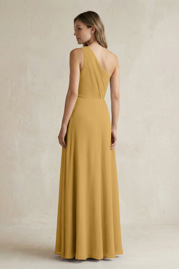 Marigold One-Shoulder Chiffon A-Line Bridesmaid Dress With Slit (2) | KISSBRIDAL