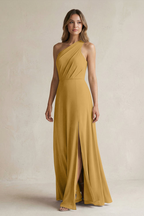 Marigold One-Shoulder Chiffon A-Line Bridesmaid Dress With Slit | KISSBRIDAL
