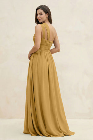 Marigold One-Shoulder Pleated A-Line Chiffon Bridesmaid Dress (2) | KISSBRIDAL