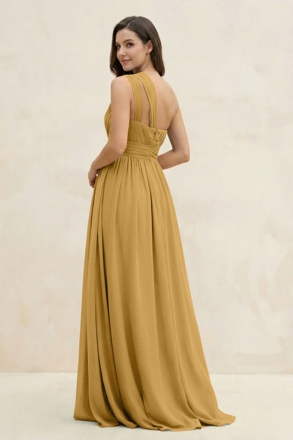 Marigold One-Shoulder Pleated A-Line Chiffon Bridesmaid Dress (2) | KISSBRIDAL