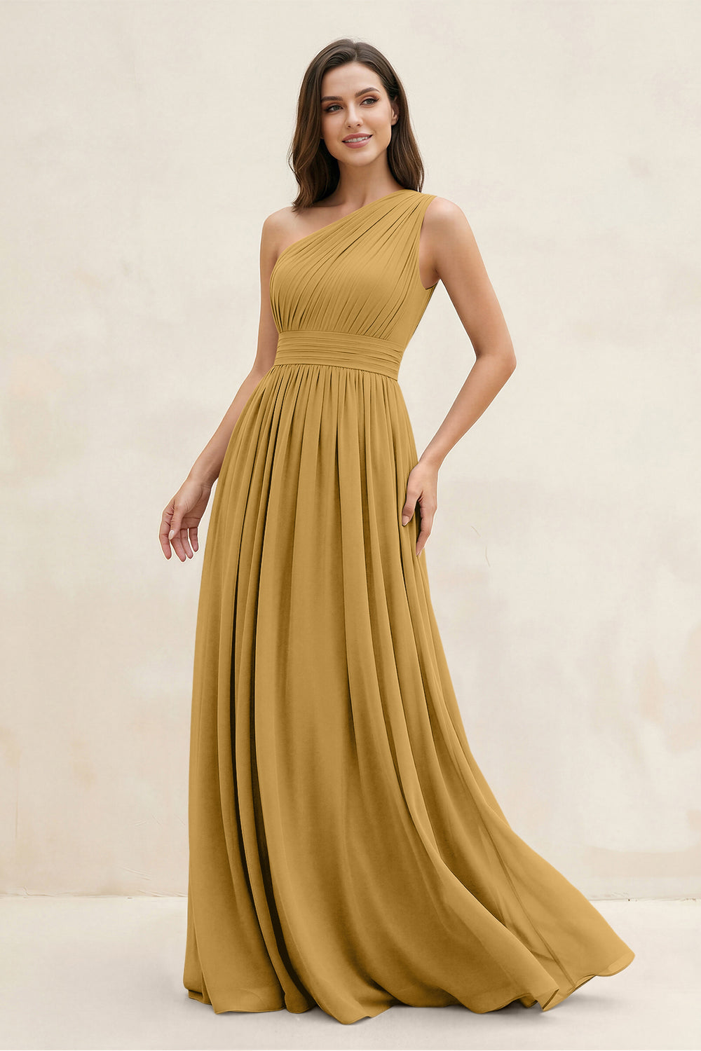 One-Shoulder Pleated A-Line Chiffon Bridesmaid Dress in Marigold
